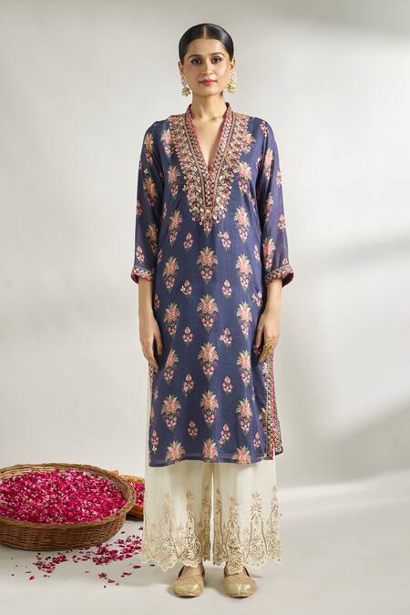 Gopi Vaid Blue Cotton, Silk Embroidery V-neck Flower Print Tunic at Aza Fashions Gopi Vaid_Blue Cotton, Silk Embroidery V-neck Flower Print Tunic _at_Aza_Fashions