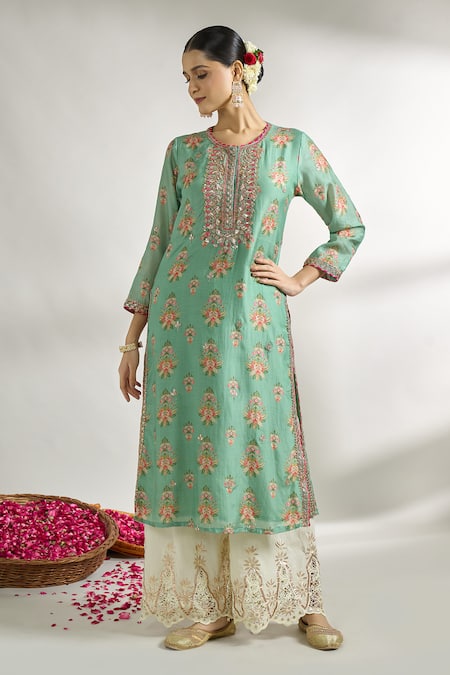 Shop_Gopi Vaid_Green Cotton, Silk Embroidery Round Neck Printed Straight Tunic _Online_at_Aza_Fashions