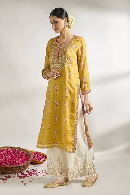 Shop_Gopi Vaid_Yellow Cotton, Silk Embroidery Split V-neck Floral Print Tunic _Online_at_Aza_Fashions