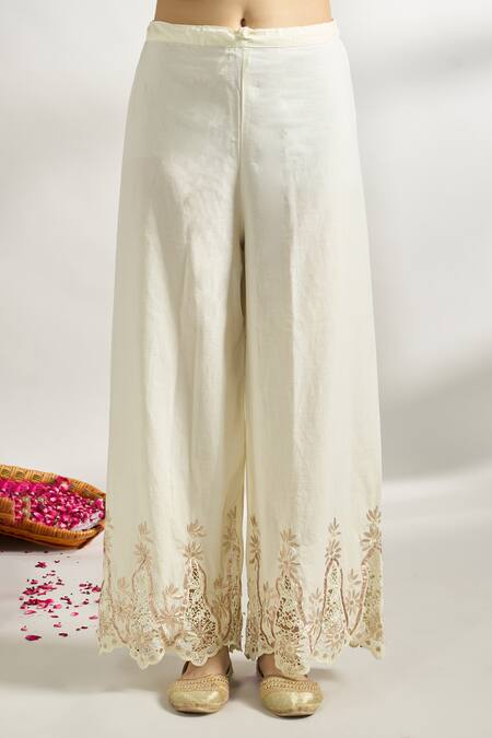 Gopi Vaid_Yellow Cotton, Silk Embroidery Split V-neck Floral Print Tunic _at_Aza_Fashions