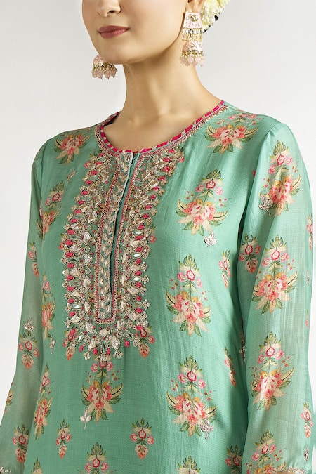 Gopi Vaid_Green Cotton, Silk Embroidery Round Neck Printed Straight Tunic _at_Aza_Fashions