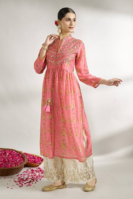 Gopi Vaid_Pink Cotton, Silk Embroidery Bandeau Neck Floral Print Gathered Tunic _at_Aza_Fashions