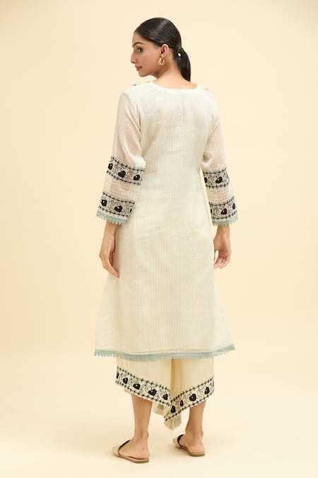 Shop Shipraa Grover White Chanderi, Modal Embroidery V-neck Rheya Kurta Palazzo Set at Aza Fashions Shop_Shipraa Grover_White Chanderi, Modal Embroidery V-neck Rheya Kurta Palazzo Set _at_Aza_Fashions