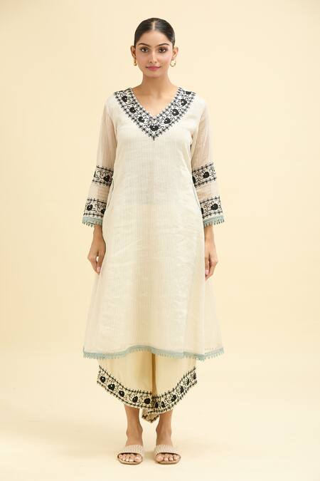 Shipraa Grover White Chanderi, Modal Embroidery V-neck Rheya Kurta Palazzo Set Online at Aza Fashions Shipraa Grover_White Chanderi, Modal Embroidery V-neck Rheya Kurta Palazzo Set _Online_at_Aza_Fashions