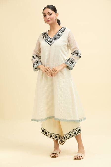 Buy Shipraa Grover White Chanderi, Modal Embroidery V-neck Rheya Kurta Palazzo Set Online at Aza Fashions Buy_Shipraa Grover_White Chanderi, Modal Embroidery V-neck Rheya Kurta Palazzo Set _Online_at_Aza_Fashions
