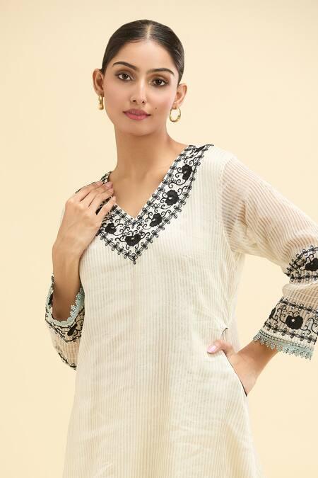 Shop Shipraa Grover White Chanderi, Modal Embroidery V-neck Rheya Kurta Palazzo Set Online at Aza Fashions Shop_Shipraa Grover_White Chanderi, Modal Embroidery V-neck Rheya Kurta Palazzo Set _Online_at_Aza_Fashions