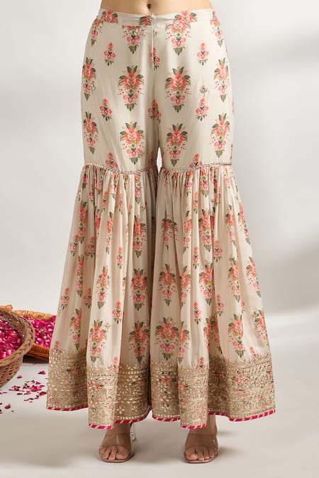 Gopi Vaid_Ivory Cotton, Silk, Net Gota Patti, Embroidery Floral Jaal Print Kurta Set _at_Aza_Fashions