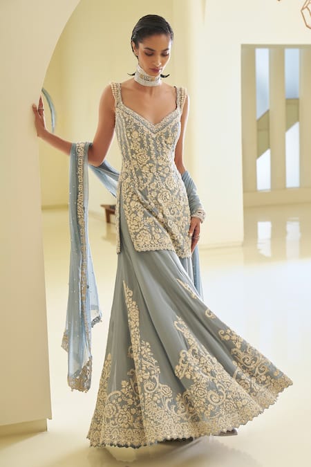 Seema Gujral_Blue Georgette Pearls, Sequins V-neck Floral Bloom Embroidered Tunic Sharara Set _at_Aza_Fashions
