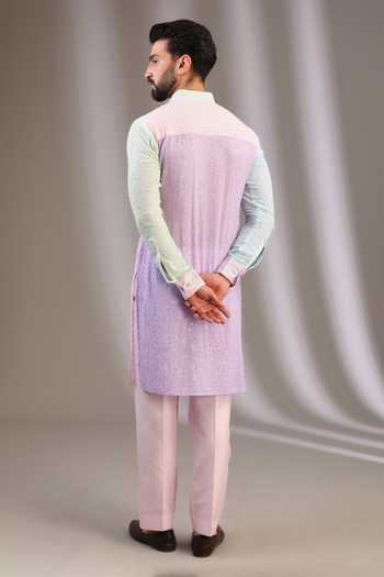 Shop Rabani & Rakha Multi Color Georgette, Satin, Embellished Block Kurta With Pant at Aza Fashions Shop_Rabani & Rakha_Multi Color Georgette, Satin, Embellished Block Kurta With Pant _at_Aza_Fashions