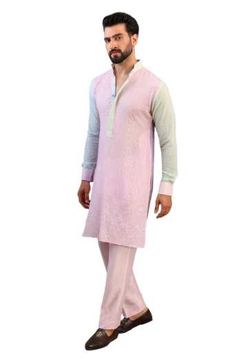 Rabani & Rakha Multi Color Georgette, Satin, Embellished Block Kurta With Pant Online at Aza Fashions Rabani & Rakha_Multi Color Georgette, Satin, Embellished Block Kurta With Pant _Online_at_Aza_Fashions