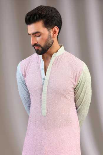 Rabani & Rakha Multi Color Georgette, Satin, Embellished Block Kurta With Pant at Aza Fashions Rabani & Rakha_Multi Color Georgette, Satin, Embellished Block Kurta With Pant _at_Aza_Fashions