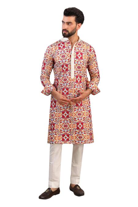 Rabani & Rakha_Ivory Georgette, Cotton Embroidery Mughal Thread Kurta With Pant _Online_at_Aza_Fashions