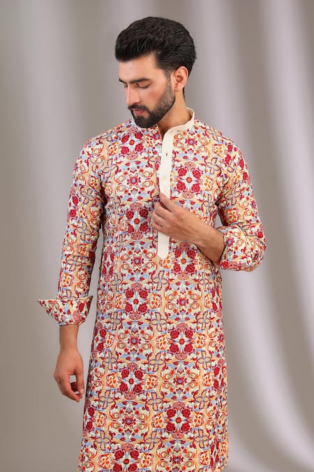 Shop_Rabani & Rakha_Ivory Georgette, Cotton Embroidery Mughal Thread Kurta With Pant _Online_at_Aza_Fashions