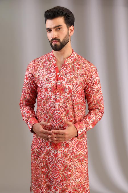 Rabani & Rakha_Ivory Georgette, Cotton, Silk Sequins, Resham Paisley Kurta With Pant _at_Aza_Fashions