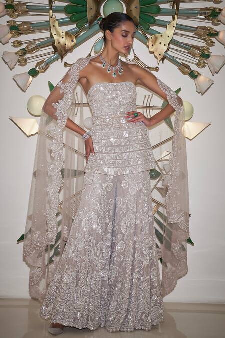 Shop_Seema Gujral_White Net Sequins Bandeau Geometric Embroidered Strapless Kurta Sharara Set _Online_at_Aza_Fashions