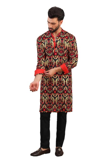 Buy_Rabani & Rakha_Black Silk, Cotton Embroidery Floral Jaal Kurta With Pant _Online_at_Aza_Fashions