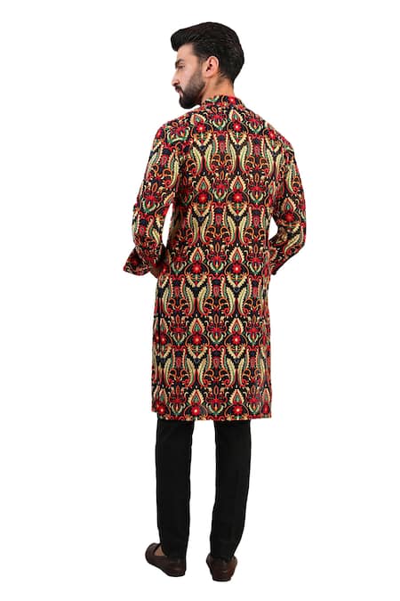 Shop_Rabani & Rakha_Black Silk, Cotton Embroidery Floral Jaal Kurta With Pant _Online_at_Aza_Fashions