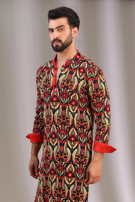 Rabani & Rakha_Black Silk, Cotton Embroidery Floral Jaal Kurta With Pant _at_Aza_Fashions