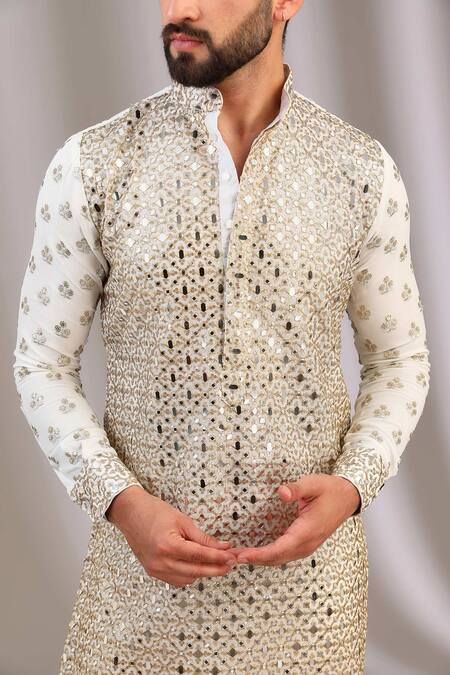 Shop Rabani & Rakha Ivory Georgette, Cotton, Silk Sequins, Embellished Geometric Kurta With Pant Online at Aza Fashions Shop_Rabani & Rakha_Ivory Georgette, Cotton, Silk Sequins, Embellished Geometric Kurta With Pant _Online_at_Aza_Fashions