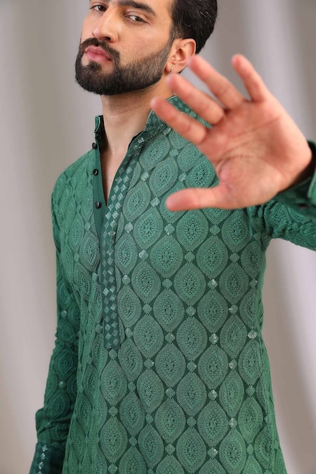 Buy_Rabani & Rakha_Green Georgette, Cotton Embroidery, Sequins Chikankari Kurta With Pant _Online_at_Aza_Fashions