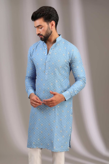 Buy_Rabani & Rakha_Blue Silk, Cotton Embroidery Lotus Kurta With Pant _Online_at_Aza_Fashions