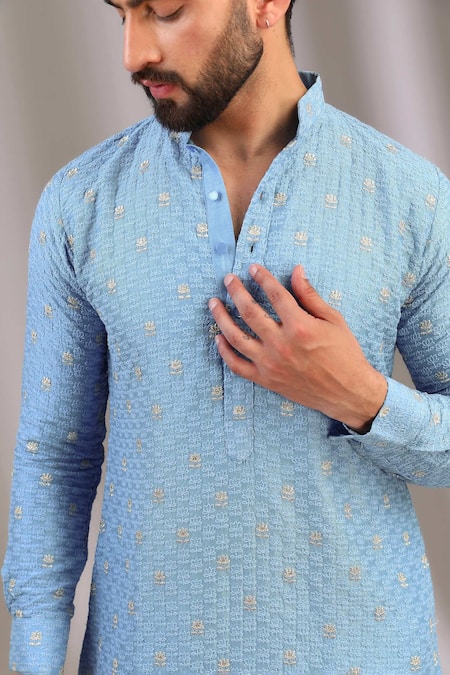 Shop_Rabani & Rakha_Blue Silk, Cotton Embroidery Lotus Kurta With Pant _Online_at_Aza_Fashions