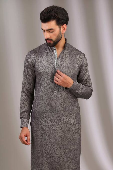 Rabani & Rakha Grey Silk, Cotton Animal Print Kurta With Pant at Aza Fashions Rabani & Rakha_Grey Silk, Cotton Animal Print Kurta With Pant _at_Aza_Fashions