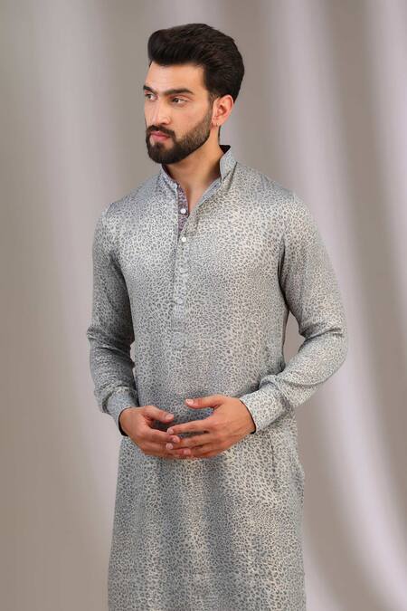 Rabani & Rakha_Silver Georgette, Cotton, Silk Animal Print Pattern Kurta With Pant _at_Aza_Fashions