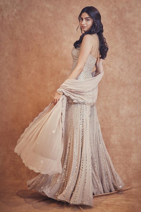 Buy_Seema Gujral_Beige Georgette Sequins, Mirrors Embellished Strapless Peplum Kurta Sharara Set 