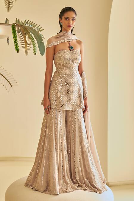 Shop_Seema Gujral_Beige Georgette Sequins, Mirrors Embellished Strapless Peplum Kurta Sharara Set 