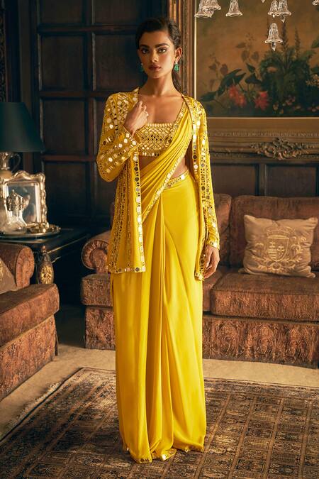 Buy Seema Gujral Yellow Georgette Mirrors Scoop Neck, Open Pre-draped Work Saree Set With Jacket Online at Aza Fashions Buy_Seema Gujral_Yellow Georgette Mirrors Scoop Neck, Open Pre-draped Work Saree Set With Jacket _Online_at_Aza_Fashions