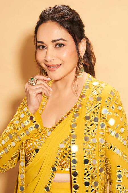 Buy Seema Gujral Yellow Georgette Mirrors Scoop Neck, Open Pre-draped Work Saree Set With Jacket Buy_Seema Gujral_Yellow Georgette Mirrors Scoop Neck, Open Pre-draped Work Saree Set With Jacket