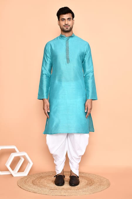 Buy_Arihant Rai Sinha_Blue Cotton Embroidery Abstract Geometric Kurta With Patiyala_Online_at_Aza_Fashions
