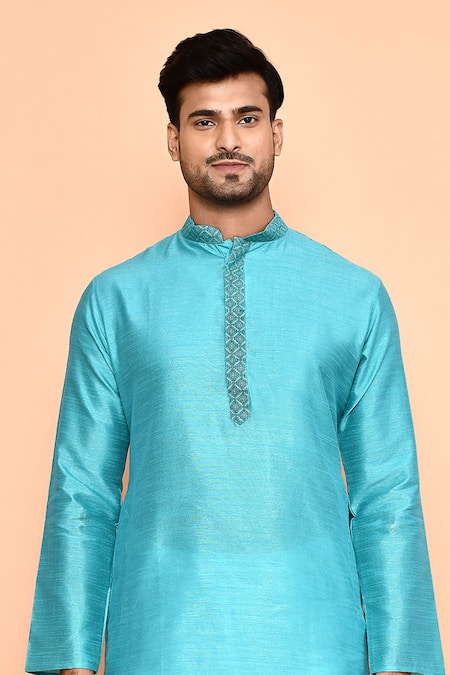 Shop_Arihant Rai Sinha_Blue Cotton Embroidery Abstract Geometric Kurta With Patiyala_Online_at_Aza_Fashions