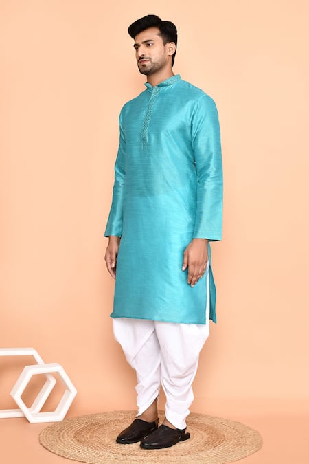 Arihant Rai Sinha_Blue Cotton Embroidery Abstract Geometric Kurta With Patiyala_at_Aza_Fashions