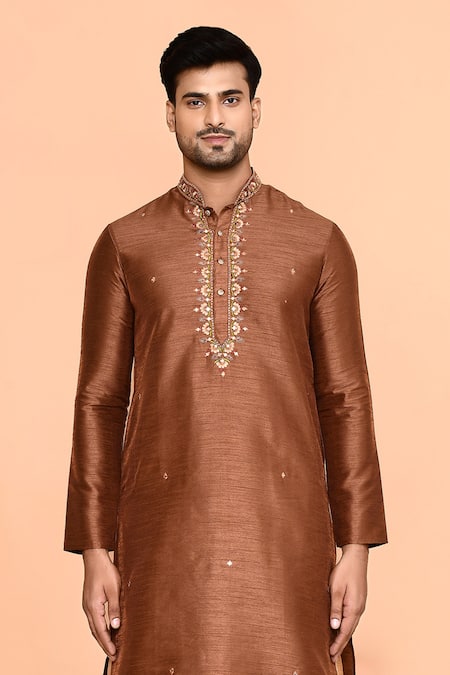Buy Arihant Rai Sinha Brown Denim, Silk Embroidery Floral Butti Kurta With Patiyala Online at Aza Fashions Buy_Arihant Rai Sinha_Brown Denim, Silk Embroidery Floral Butti Kurta With Patiyala_Online_at_Aza_Fashions