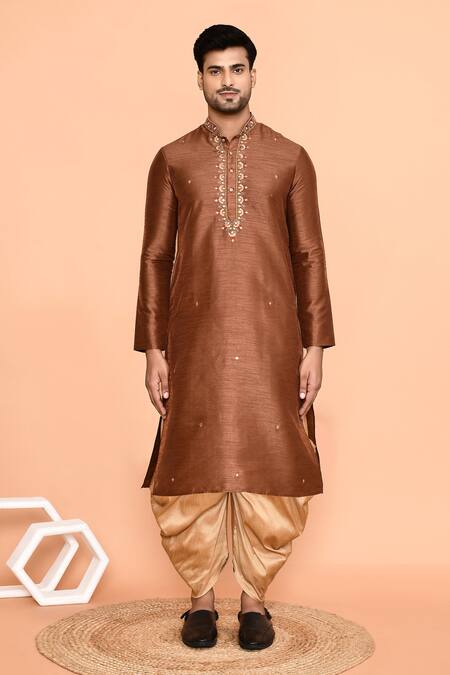 Shop Arihant Rai Sinha Brown Denim, Silk Embroidery Floral Butti Kurta With Patiyala Online at Aza Fashions Shop_Arihant Rai Sinha_Brown Denim, Silk Embroidery Floral Butti Kurta With Patiyala_Online_at_Aza_Fashions