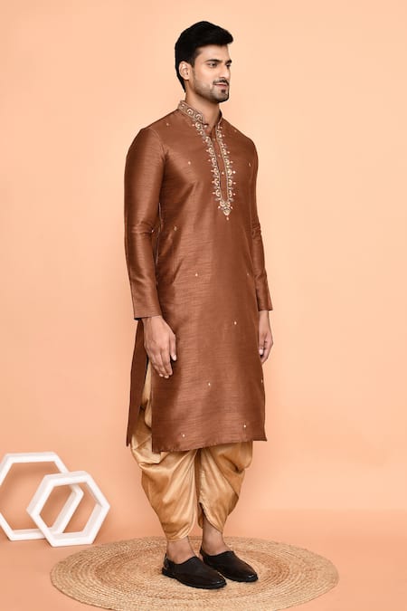 Arihant Rai Sinha Brown Denim, Silk Embroidery Floral Butti Kurta With Patiyala at Aza Fashions Arihant Rai Sinha_Brown Denim, Silk Embroidery Floral Butti Kurta With Patiyala_at_Aza_Fashions
