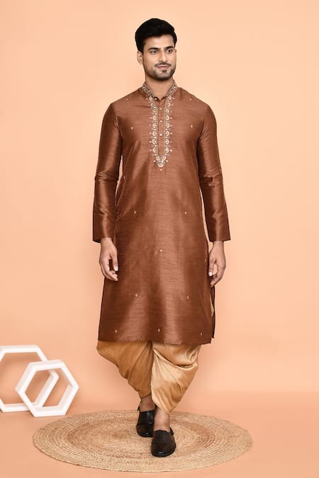 Buy Arihant Rai Sinha Brown Denim, Silk Embroidery Floral Butti Kurta With Patiyala Buy_Arihant Rai Sinha_Brown Denim, Silk Embroidery Floral Butti Kurta With Patiyala