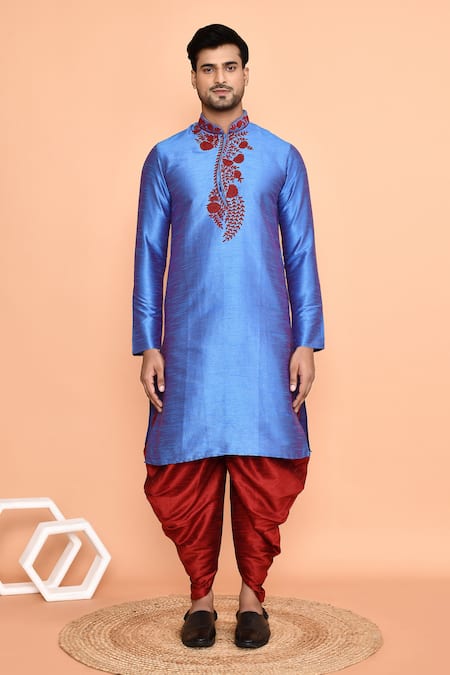 Shop Arihant Rai Sinha Blue Silk, Denim Embroidery Floral Thread Kurta With Patiyala Online at Aza Fashions Shop_Arihant Rai Sinha_Blue Silk, Denim Embroidery Floral Thread Kurta With Patiyala _Online_at_Aza_Fashions