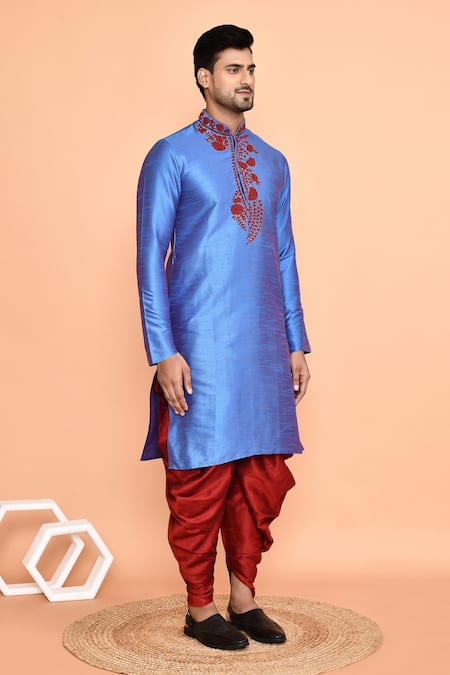 Arihant Rai Sinha Blue Silk, Denim Embroidery Floral Thread Kurta With Patiyala at Aza Fashions Arihant Rai Sinha_Blue Silk, Denim Embroidery Floral Thread Kurta With Patiyala _at_Aza_Fashions