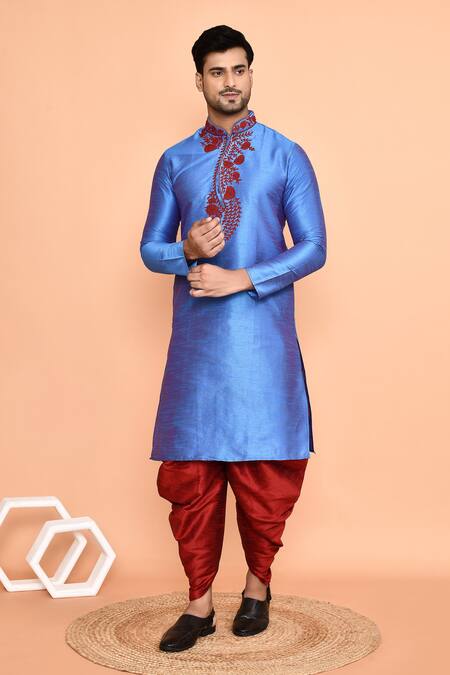 Buy Arihant Rai Sinha Blue Silk, Denim Embroidery Floral Thread Kurta With Patiyala Buy_Arihant Rai Sinha_Blue Silk, Denim Embroidery Floral Thread Kurta With Patiyala