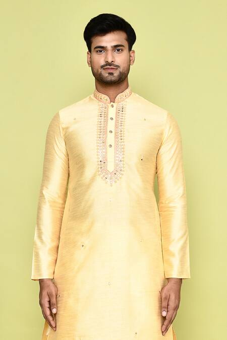 Buy_Arihant Rai Sinha_Yellow Silk Mirrors, Embroidery Work Kurta Placket With Patiyala _Online_at_Aza_Fashions