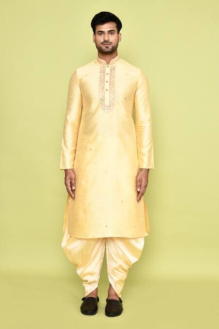 Shop_Arihant Rai Sinha_Yellow Silk Mirrors, Embroidery Work Kurta Placket With Patiyala _Online_at_Aza_Fashions
