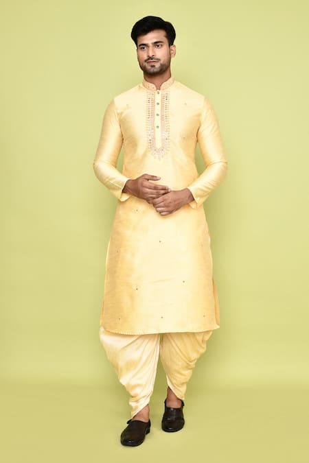 Buy_Arihant Rai Sinha_Yellow Silk Mirrors, Embroidery Work Kurta Placket With Patiyala 