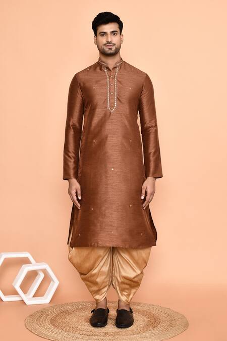 Shop Arihant Rai Sinha Brown Silk Mirrors, Embroidery Neck Kurta With Patiyala Online at Aza Fashions Shop_Arihant Rai Sinha_Brown Silk Mirrors, Embroidery Neck Kurta With Patiyala_Online_at_Aza_Fashions
