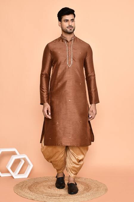 Buy Arihant Rai Sinha Brown Silk Mirrors, Embroidery Neck Kurta With Patiyala Buy_Arihant Rai Sinha_Brown Silk Mirrors, Embroidery Neck Kurta With Patiyala