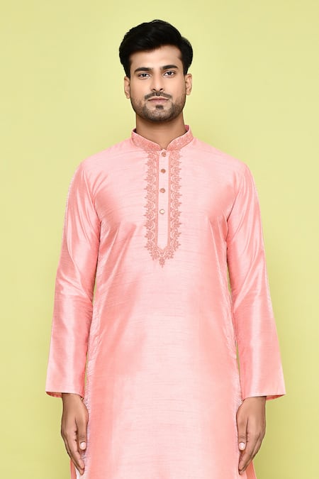 Buy_Arihant Rai Sinha_Pink Silk, Cotton Embroidery Floral Butti Neck Kurta With Patiyala _Online_at_Aza_Fashions