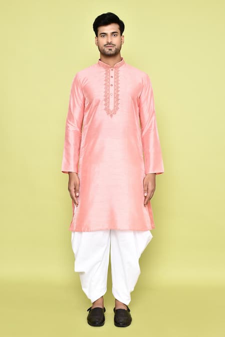 Shop_Arihant Rai Sinha_Pink Silk, Cotton Embroidery Floral Butti Neck Kurta With Patiyala _Online_at_Aza_Fashions