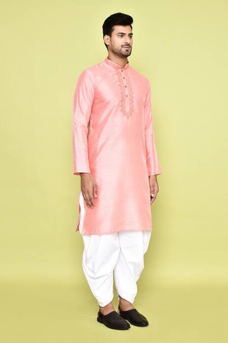 Arihant Rai Sinha_Pink Silk, Cotton Embroidery Floral Butti Neck Kurta With Patiyala _at_Aza_Fashions